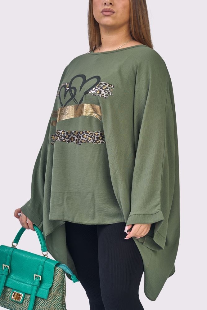 Foil Leopard Heart Print Oversized Top