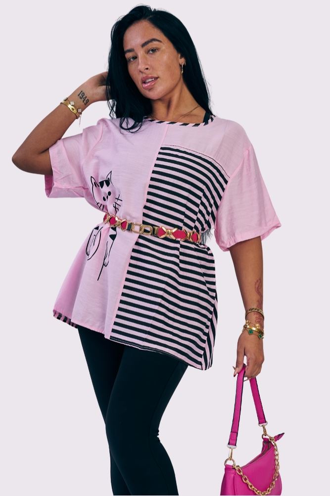 Stripe Colour Block Cat Print Cotton Top