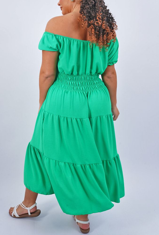 Plain Shirred Waist Tiered Dress