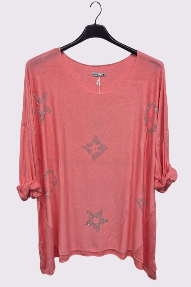 Diamante Star Print Oversized Top