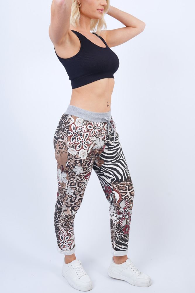 Animal Floral Print Pockets Cotton Jogging Bottom