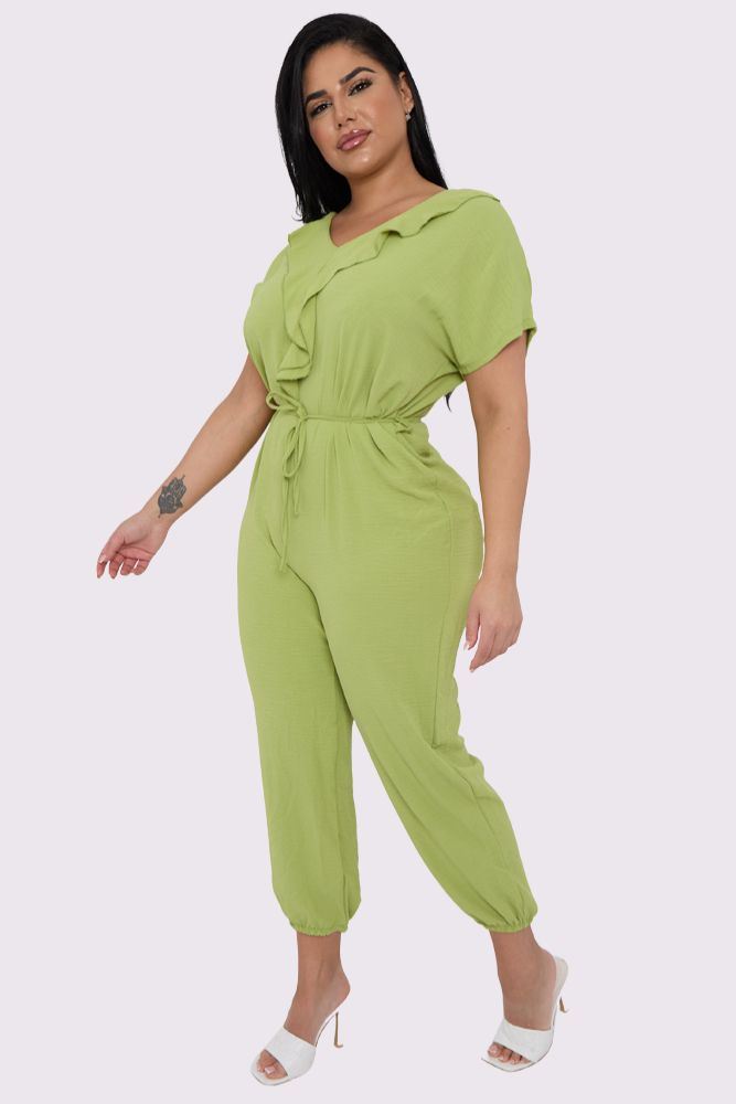 Plain Ruffle Front Drawstring Waist Jumpsuit