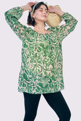 Flower Print Drawstring Neck Tunic Top