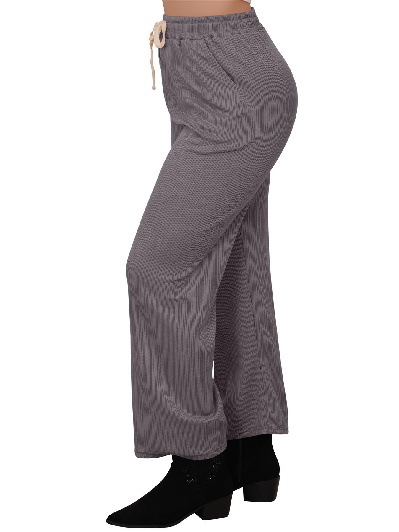 Plain Ribbed Wide Leg Drawstring Trousers