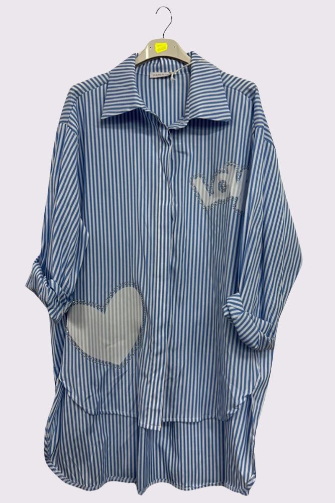 Stripe Print Love Heart Rhinestone Cotton Shirt