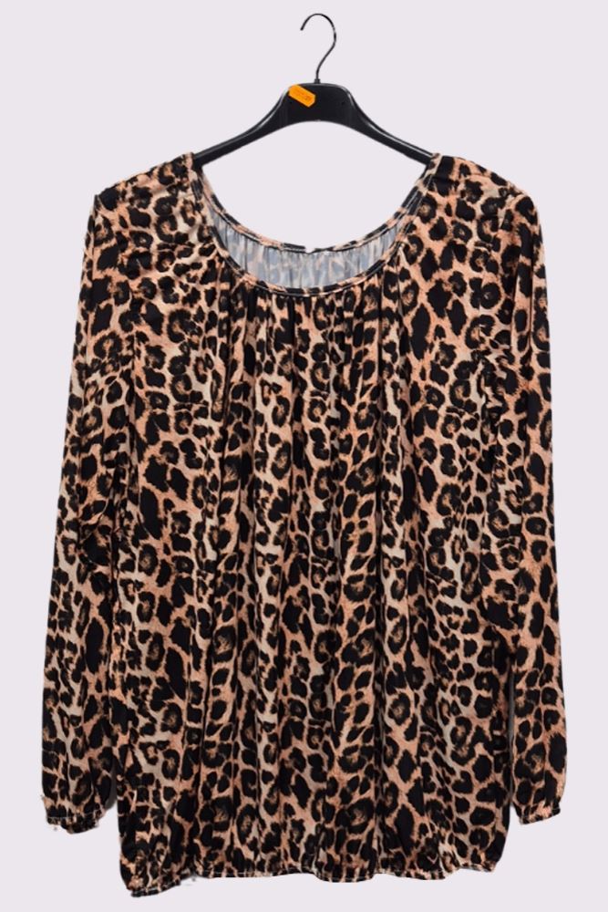 Leopard Print Pleated Elastic Hem Top