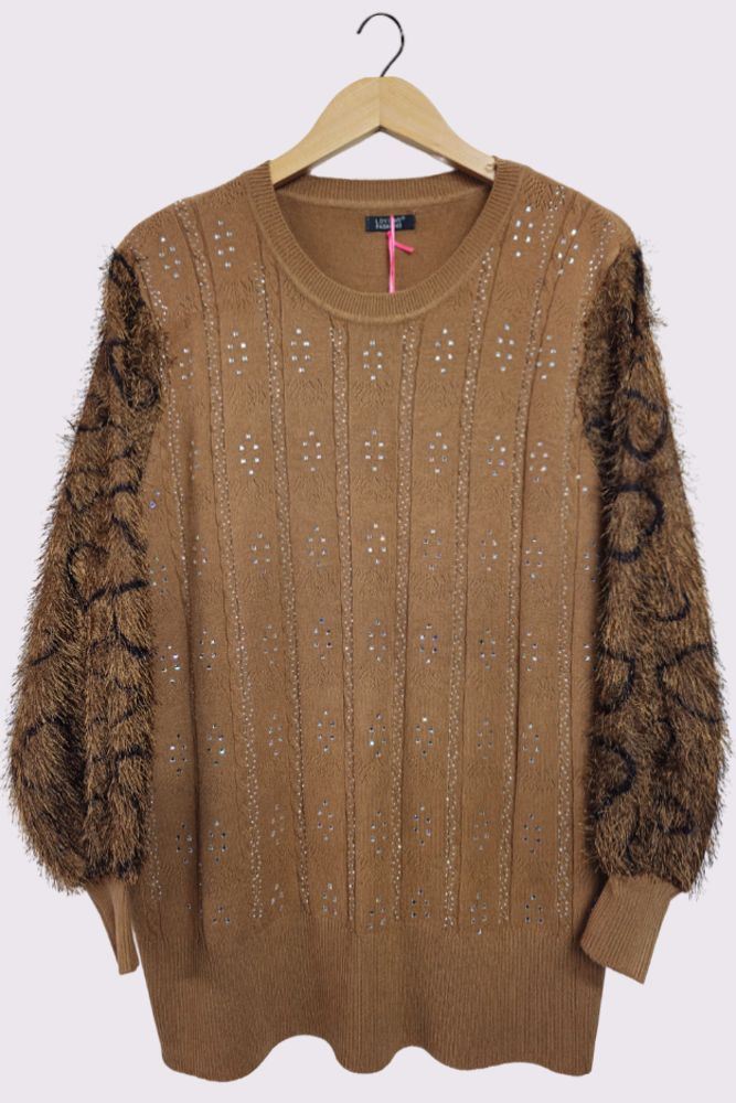 Diamante Pattern Leopard Faux Fur Soft Knit Jumper