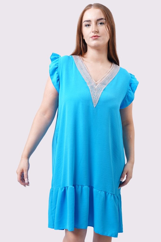 Plain Embroidered Neck Flared Hem Dress