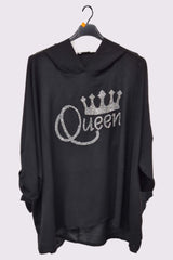 Diamante Queen Print Oversized Diphem Hooded Top