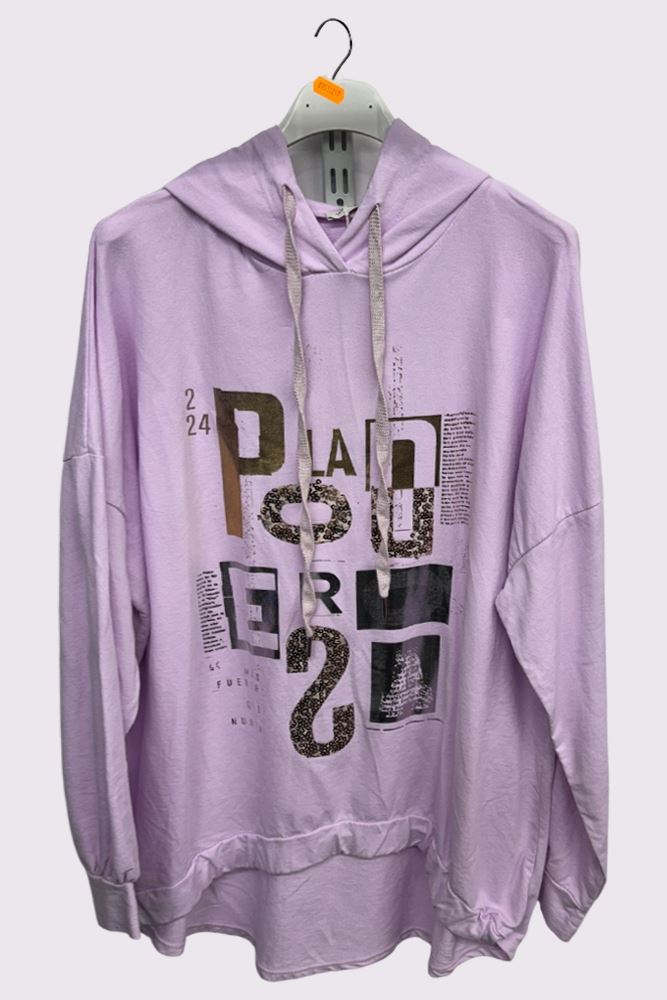 Foil Alphabet Pattern Oversized Dip Hem Drawstring Hooded Cotton Top