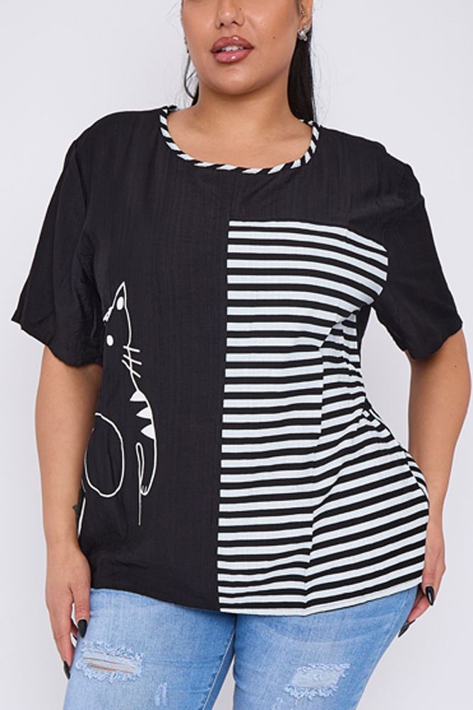 Stripe Colour Block Cat Print Cotton Top