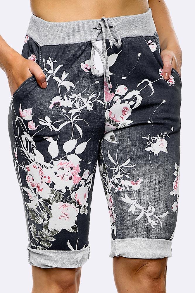 Black Floral Printed 3/4 Drawstring Trouser