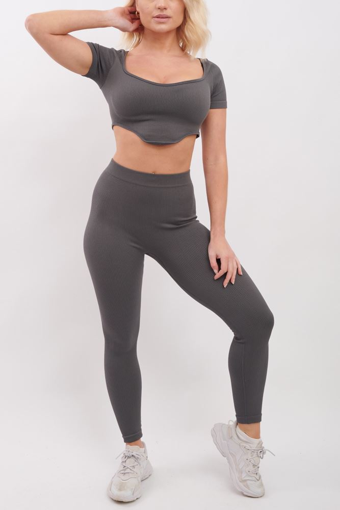 Ribbed V Detail Hem Seamless Crop Top Co-Ord Set