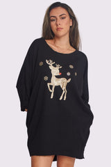 Gold Glitter Rudolph Snowflake Motif Oversized Side Pockets DipHem Cotton Top