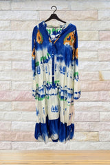 Tie Dye Print Button Up Tiered Flared Dress