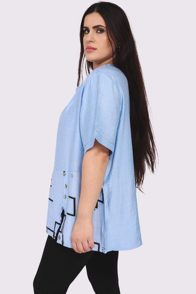 Abstract Print Panelled Button Detail Pocket Cotton Top