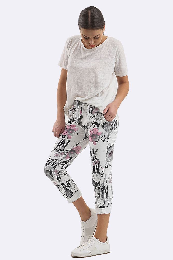 Cotton Floral Printed Drawstring Foldover Hem Trouser