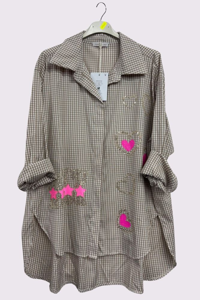 Check Print Sequin Rock Heart Cotton Shirt