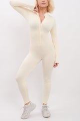 Plain Ribbed Zip Up Seamless Nylon Jumpsuit