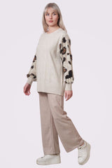 Diamante Pattern Leopard Faux Fur Soft Knit Jumper