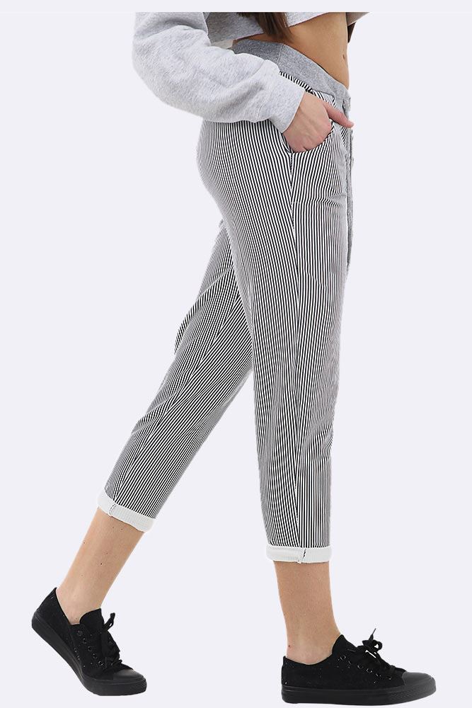 Cotton Stripe Print Foldover Hem Lined Trouser