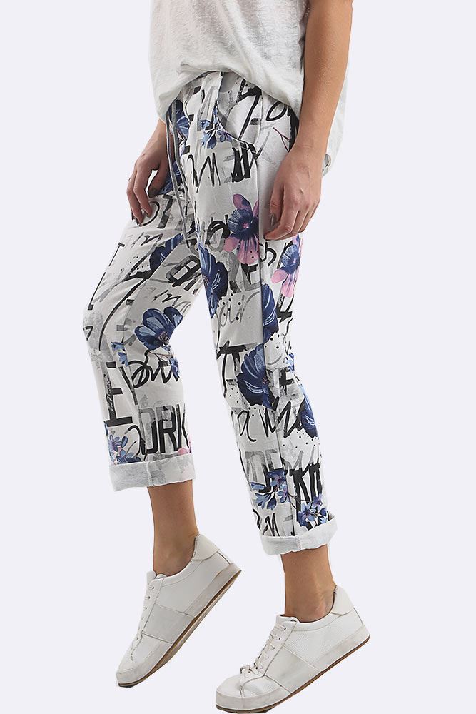 Cotton Floral Printed Drawstring Foldover Hem Trouser