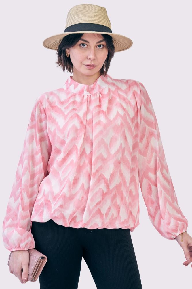 Abstract Print Balloon Sleeve Pleated Top