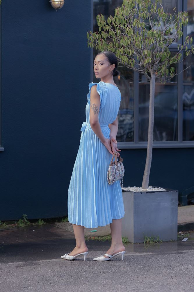 Plain Pleated Wrapover Belted Dress