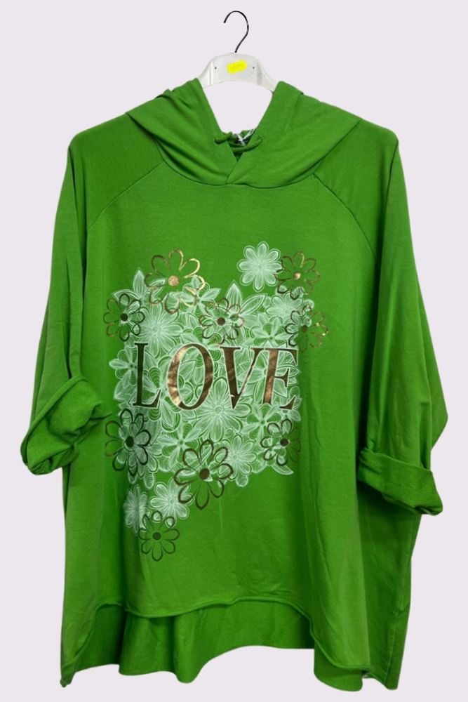 Love Flower Foil Print String Hoody High Low Hem Cotton Hoodie