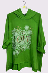 Love Flower Foil Print String Hoody High Low Hem Cotton Hoodie