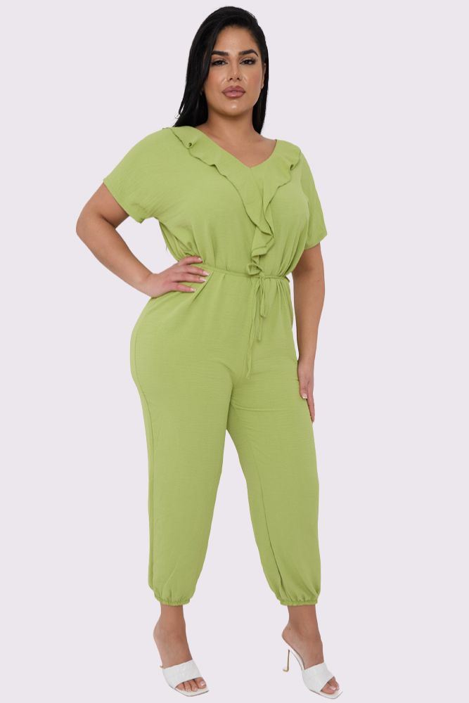 Plain Ruffle Front Drawstring Waist Jumpsuit