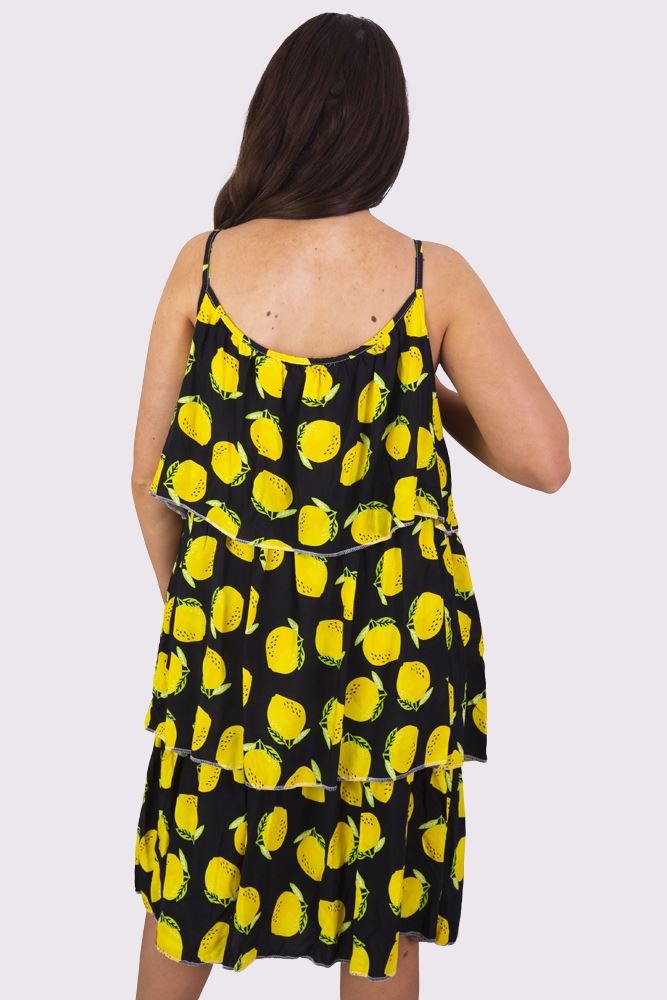 Lemon Print Layered Spaghetti Strap Flounced Dress