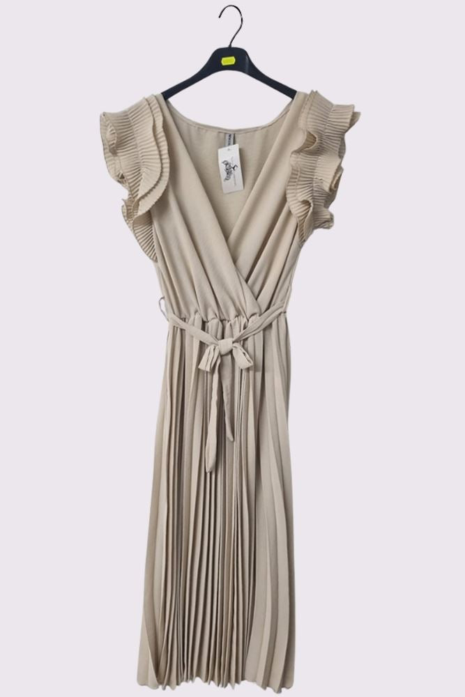 Plain Pleated Wrapover Belted Dress