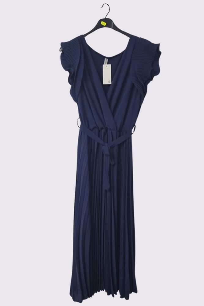 Plain Pleated Wrapover Belted Dress