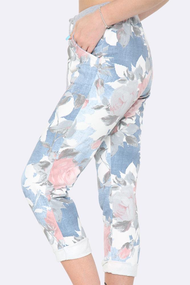 Italian Drawstring Waist Denim Floral Print Trousers