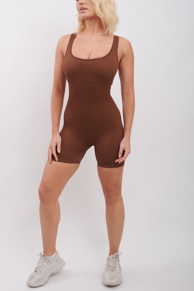 Plain Seamless Ribbed Gym Nylon Jumpsuit