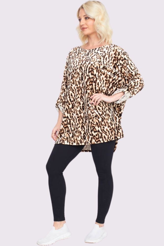 Buy Animal Print Button Up Sleeve Dip Hem Top in Bulk