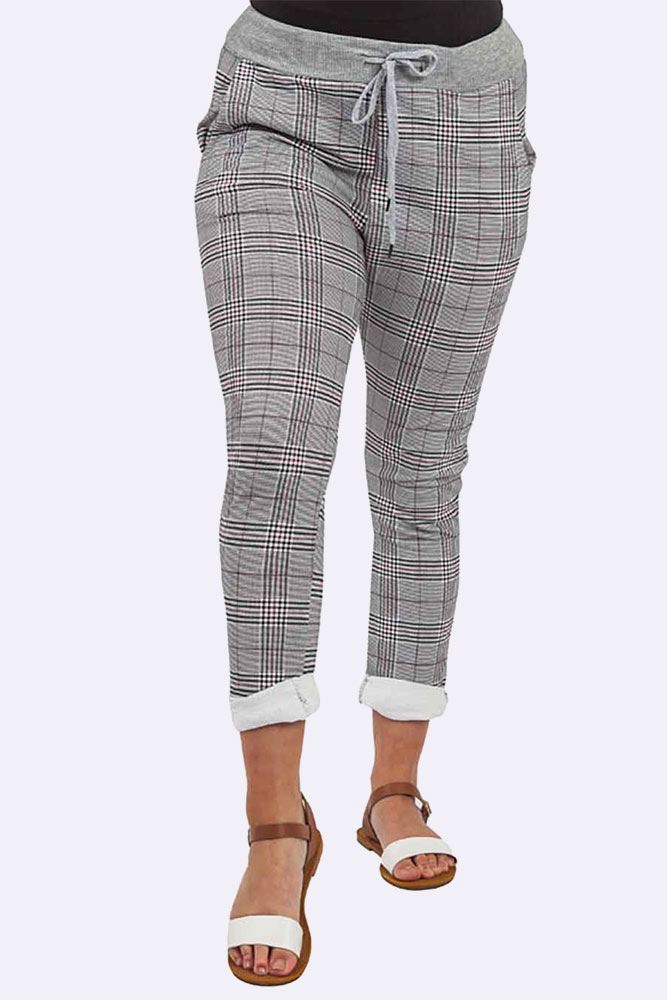 Cotton Check Print Drawstring Foldover Hem Trouser