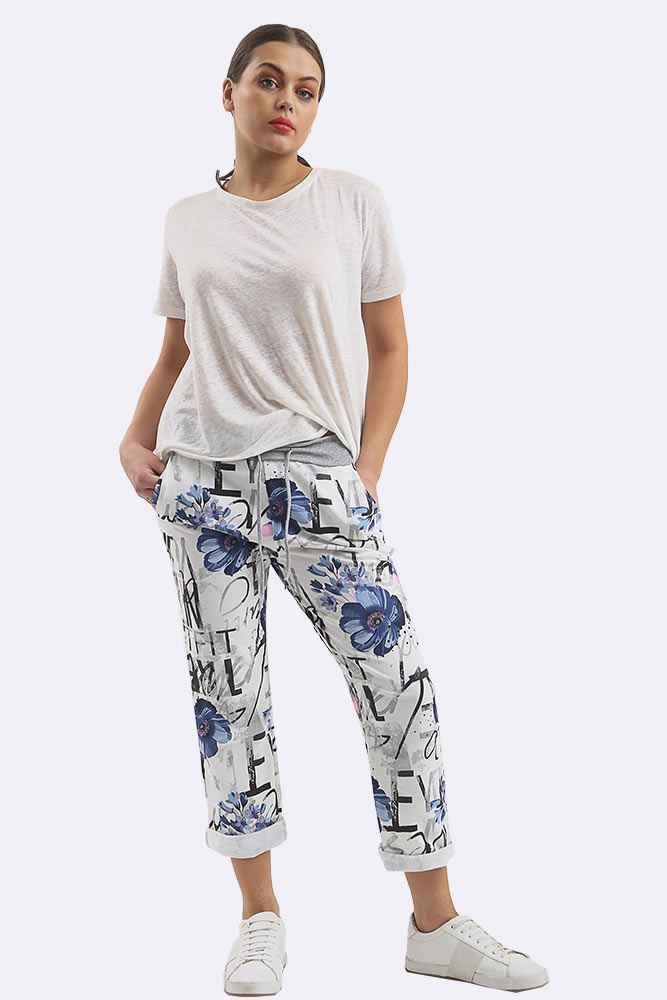 Cotton Floral Printed Drawstring Foldover Hem Trouser