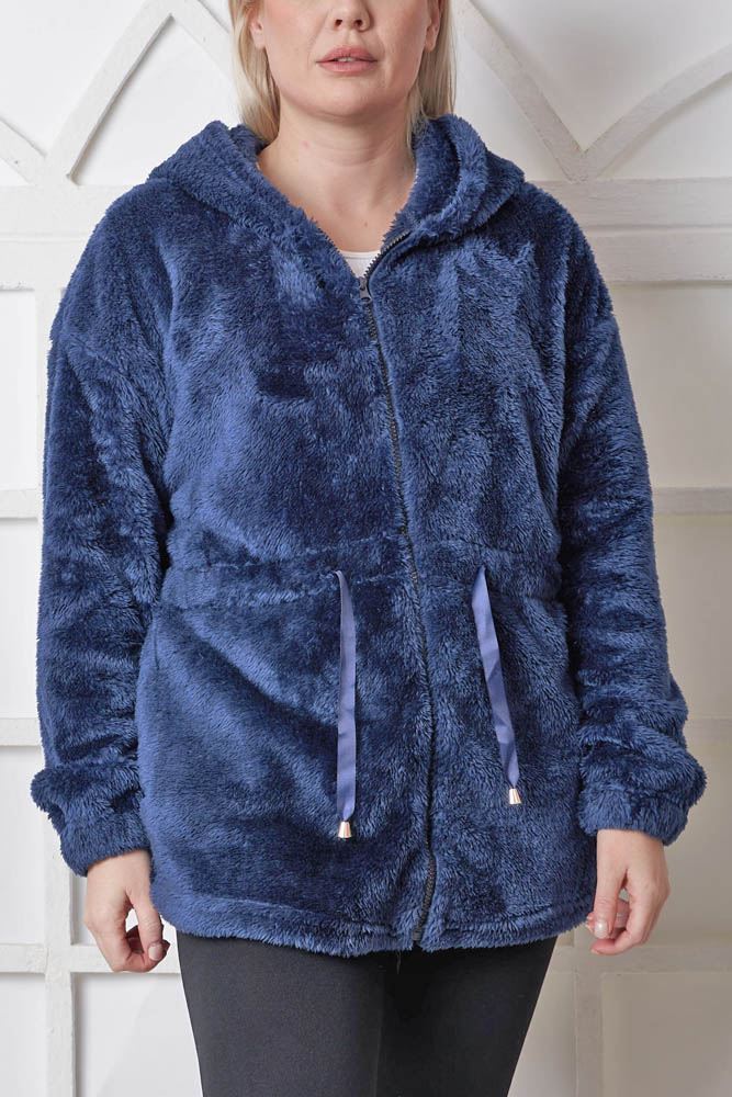 Plain Faux Fur Drawstring Zip Up Hoody