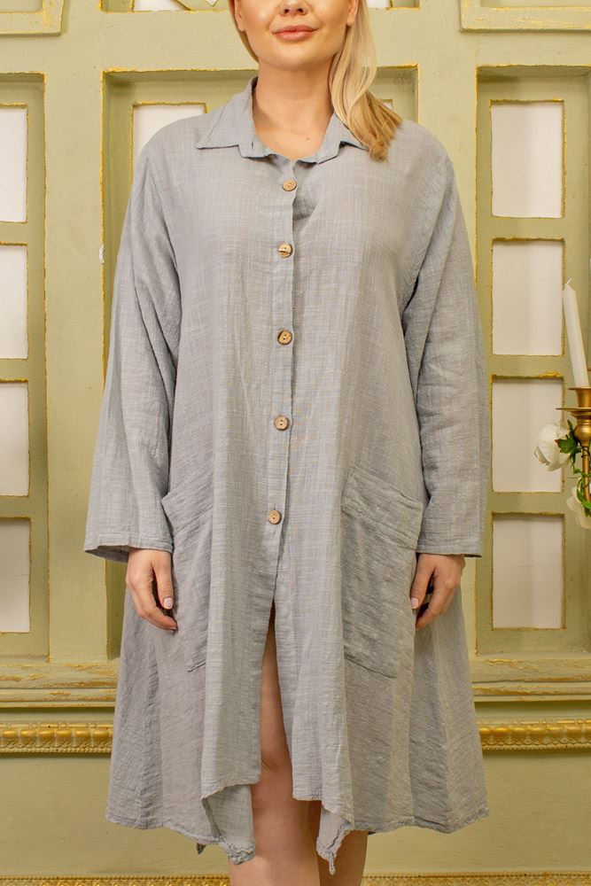 Plain Pockets Details Long Shirt Dress