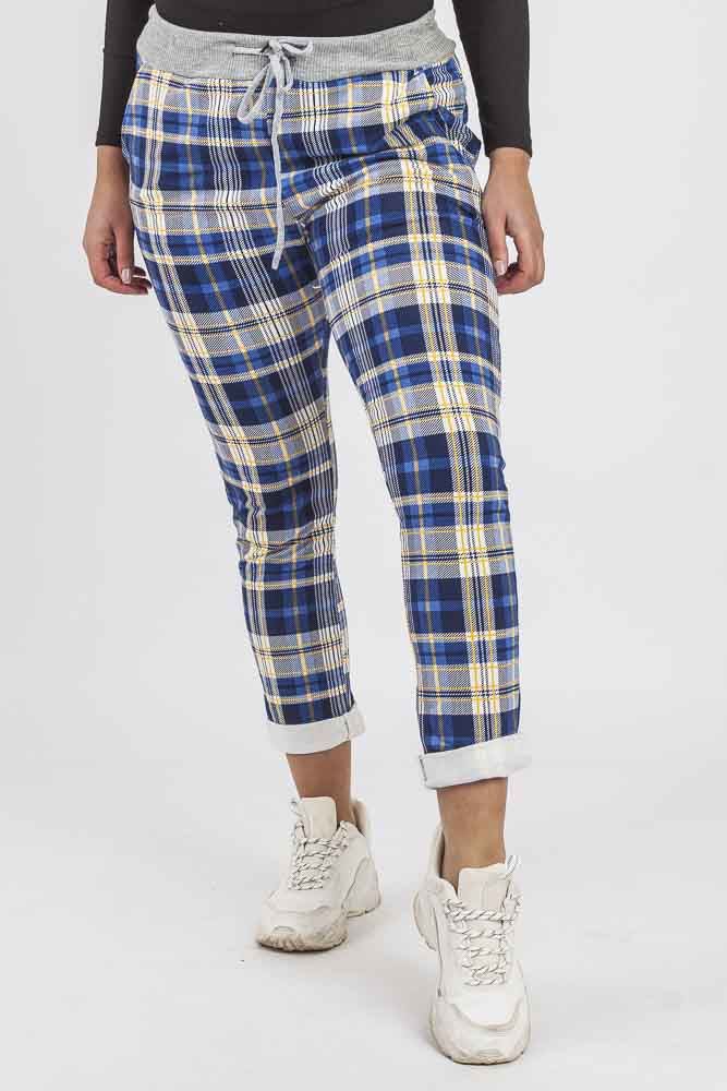 Cotton Tartan Print Foldover Hem Trouser