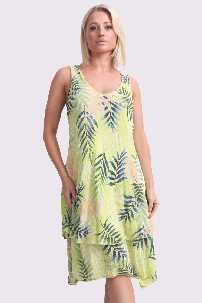 Tropical Leaves Print Layered Hem Cotton Dress