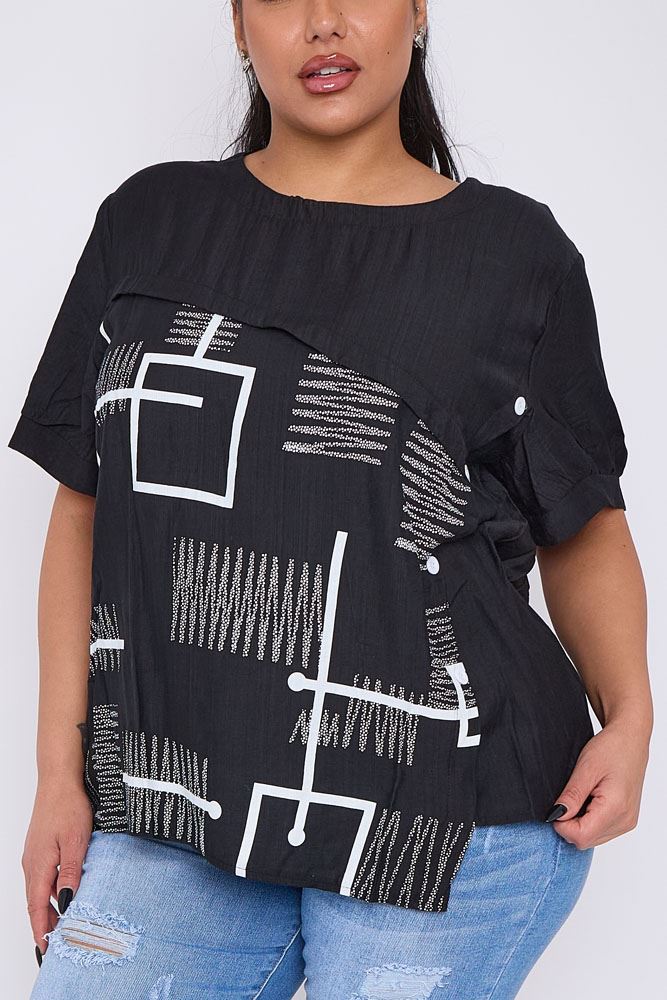 Abstract Block Print Side Button Detail Cotton Top