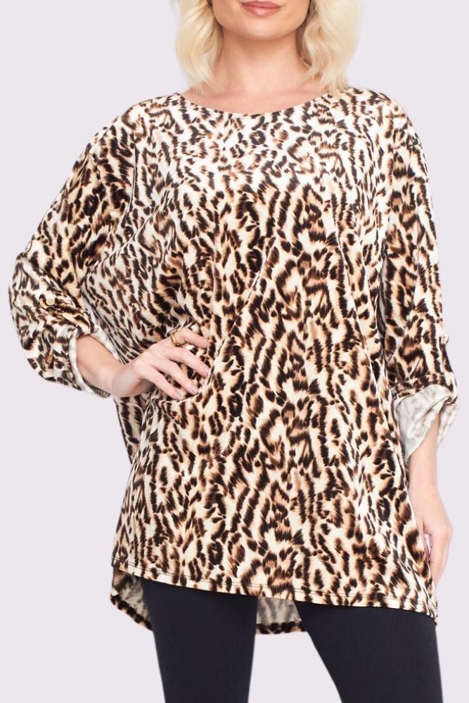 Buy Animal Print Button Up Sleeve Dip Hem Top in Bulk