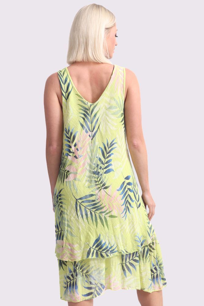 Tropical Leaves Print Layered Hem Cotton Dress