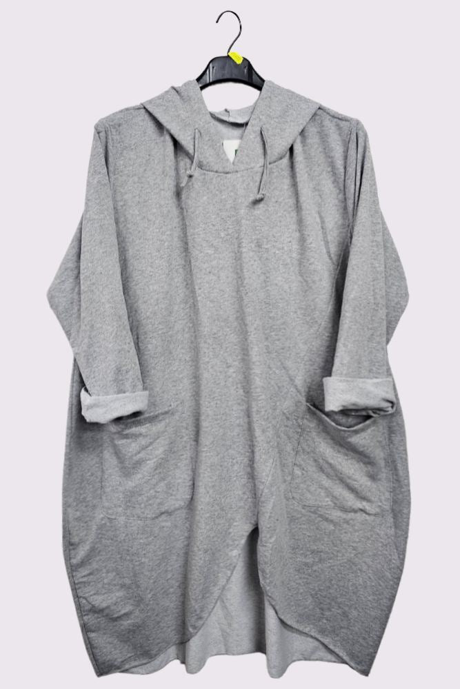 Oversized Front Pockets Cut Out Hem Cotton Hooded Top