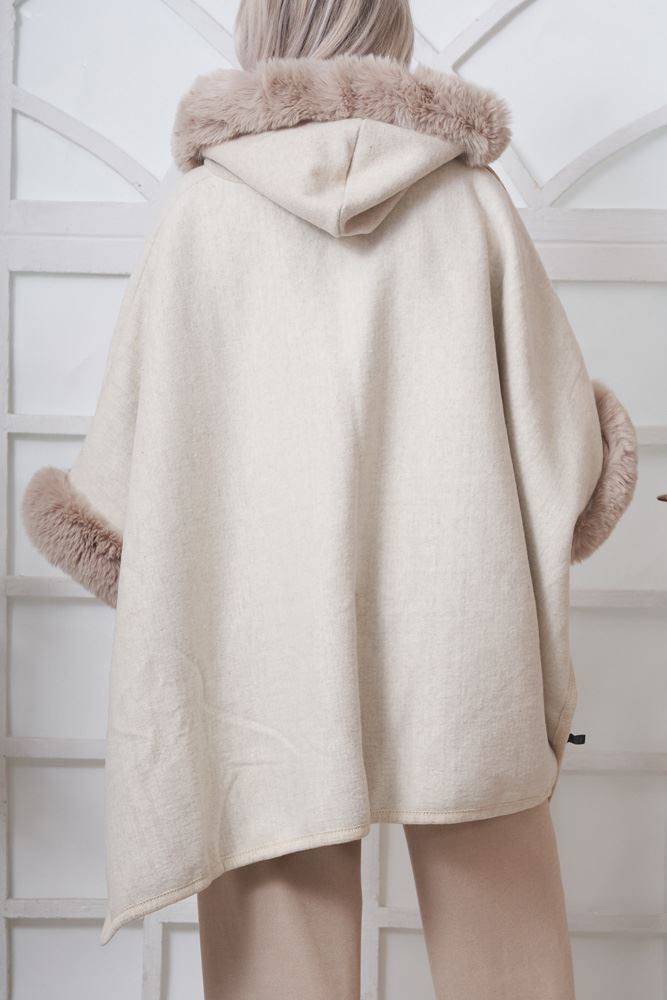 Plain Trim Faux Fur Hooded Poncho