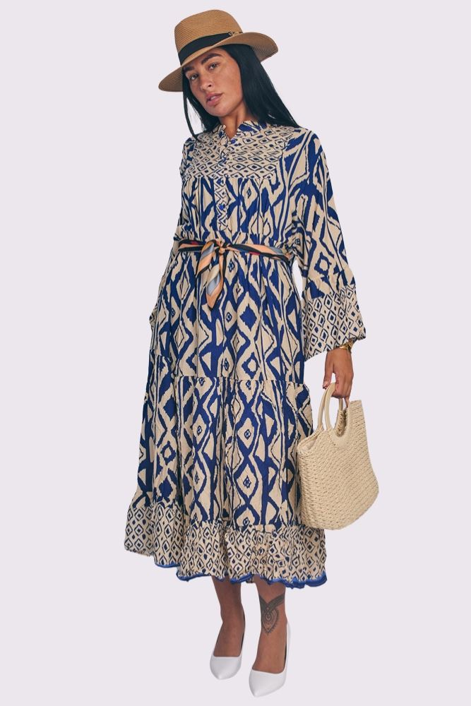 Geometric Print Button Up Oversized Dress