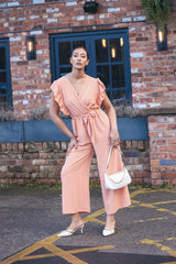 Plain Ruffle Sleeve Wrapover Belted Jumpsuit